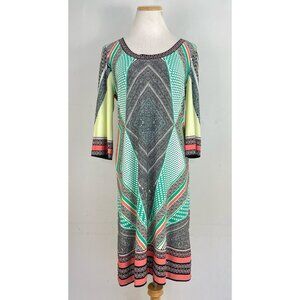 Calvin Klein Dress Size Medium Mixed Geometric Print Stretch Knit 3/4 Sleeves